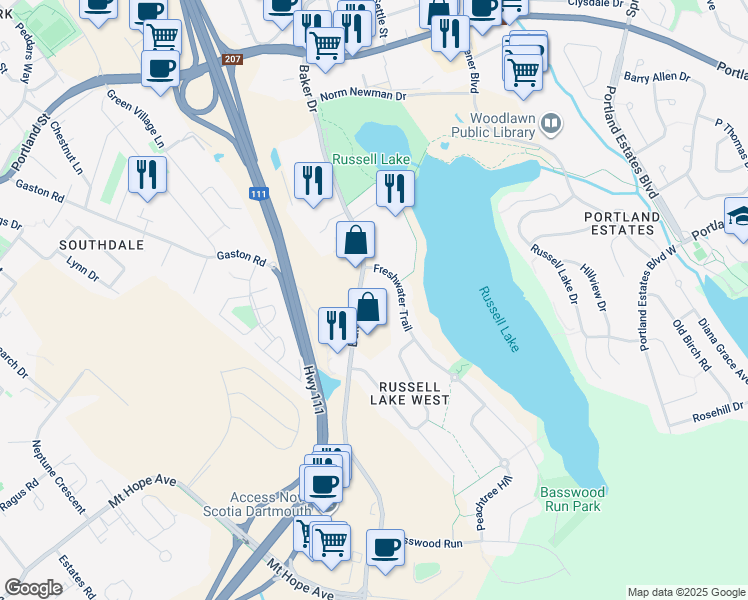 map of restaurants, bars, coffee shops, grocery stores, and more near 105 Baker Drive in Dartmouth