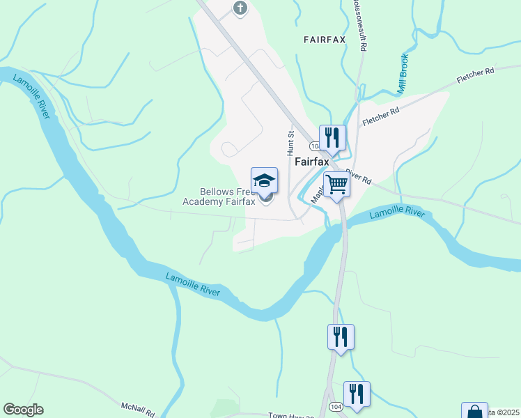 map of restaurants, bars, coffee shops, grocery stores, and more near 75 Hunt Street in Fairfax