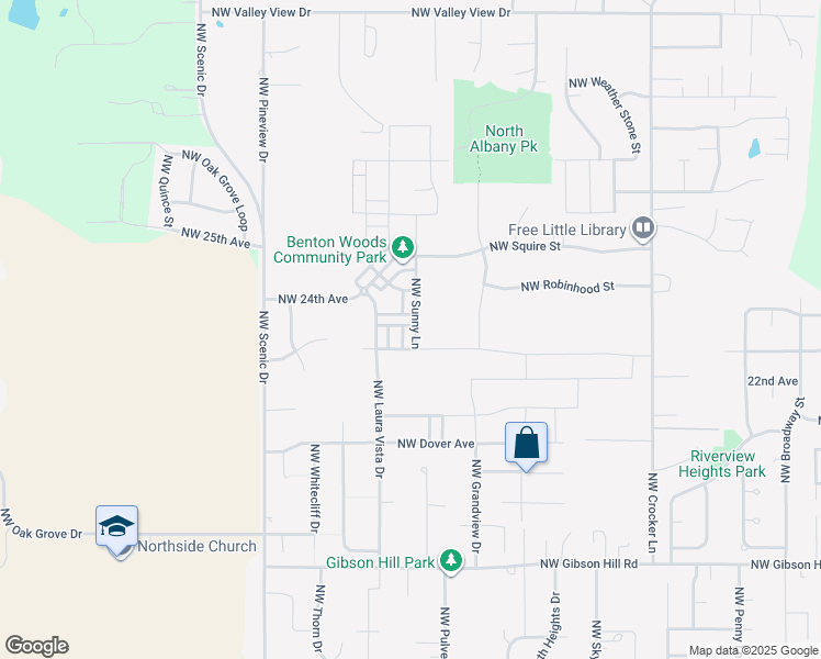 map of restaurants, bars, coffee shops, grocery stores, and more near 2409 Northwest Sunny Lane in Albany
