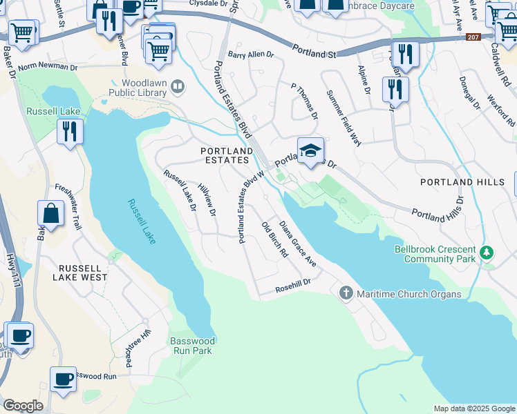 map of restaurants, bars, coffee shops, grocery stores, and more near 8 Old Birch Road in Dartmouth