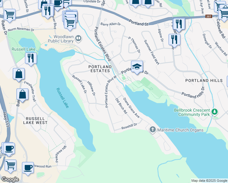 map of restaurants, bars, coffee shops, grocery stores, and more near 8 Old Birch Road in Dartmouth