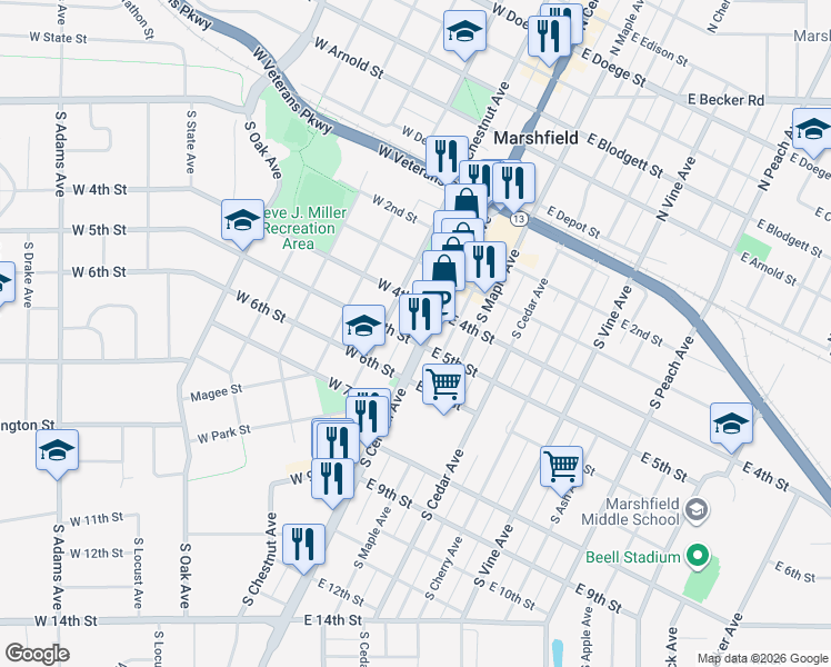 map of restaurants, bars, coffee shops, grocery stores, and more near 409 South Chestnut Avenue in Marshfield