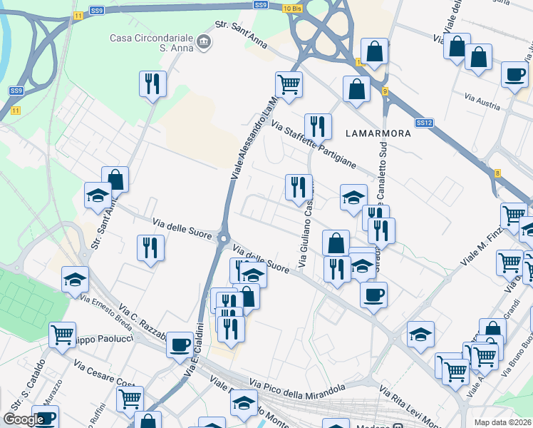 map of restaurants, bars, coffee shops, grocery stores, and more near 55 Via Benedetto Croce in Modena