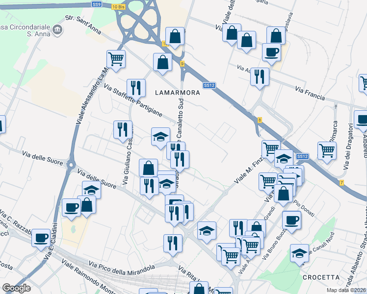 map of restaurants, bars, coffee shops, grocery stores, and more near 266 Via Canaletto Sud in Modena