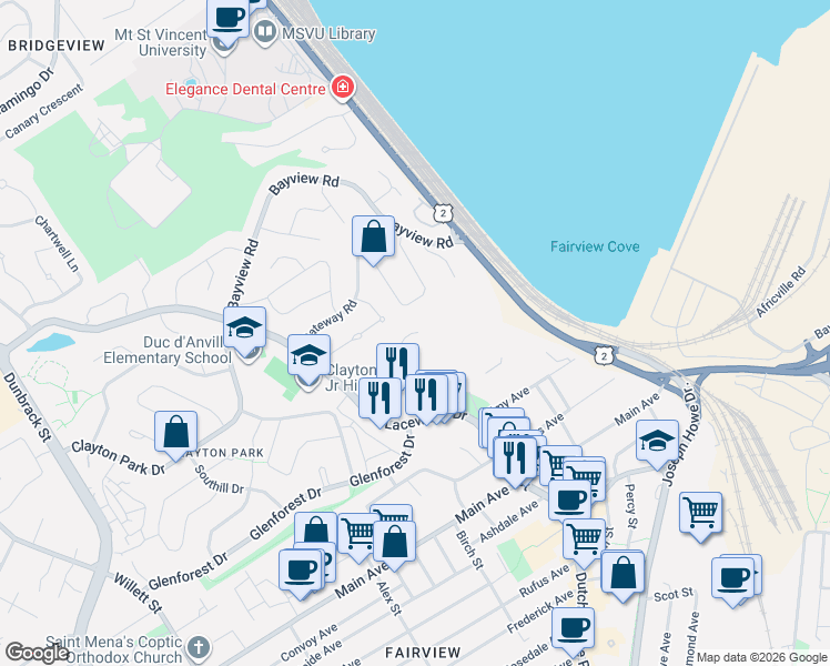 map of restaurants, bars, coffee shops, grocery stores, and more near 155 Stoney Brook Court in Halifax