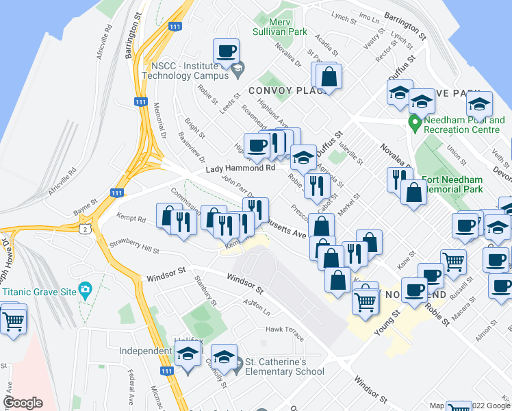 map of restaurants, bars, coffee shops, grocery stores, and more near 3536 John Parr Drive in Halifax