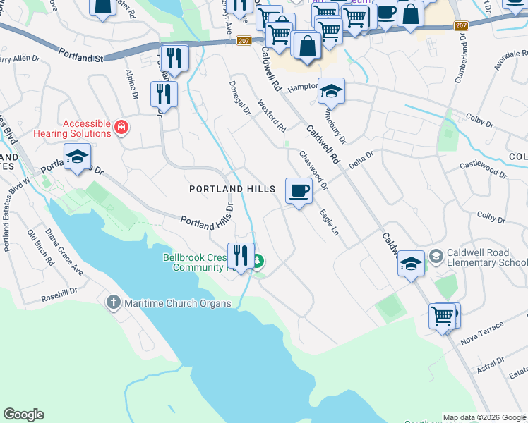 map of restaurants, bars, coffee shops, grocery stores, and more near 79 Collingwood Court in Dartmouth