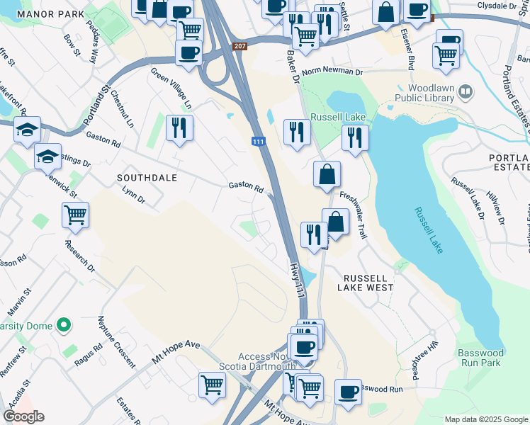 map of restaurants, bars, coffee shops, grocery stores, and more near 10 Bishop Avenue in Dartmouth