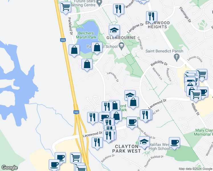 map of restaurants, bars, coffee shops, grocery stores, and more near 169 Parkland Drive in Halifax