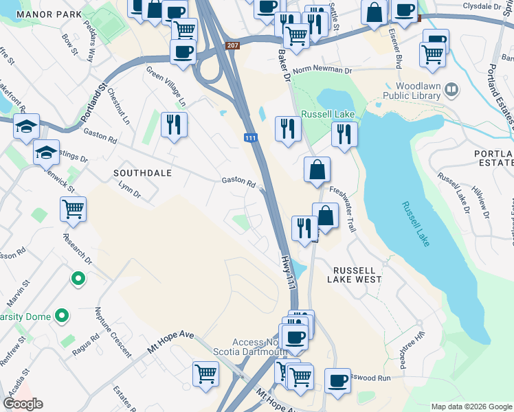 map of restaurants, bars, coffee shops, grocery stores, and more near 10 Bishop Avenue in Dartmouth