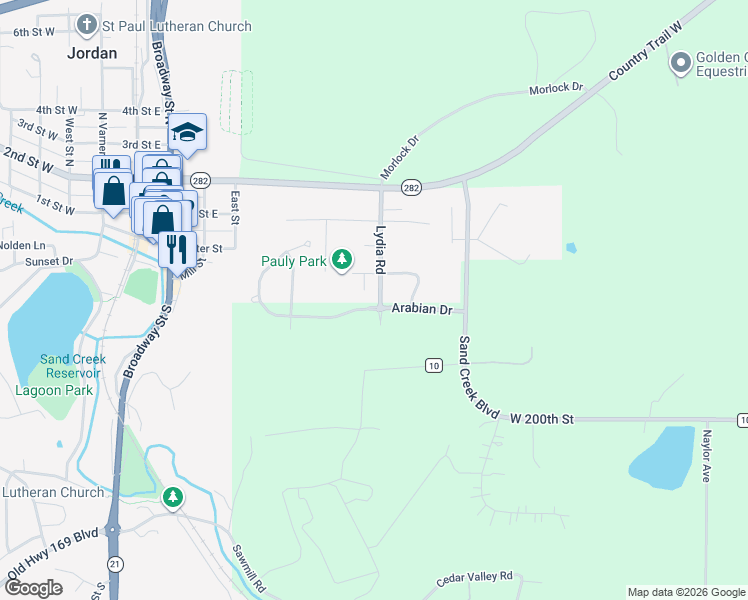 map of restaurants, bars, coffee shops, grocery stores, and more near 224 Clover Court in Jordan