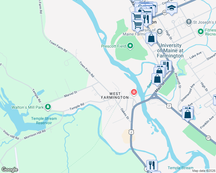 map of restaurants, bars, coffee shops, grocery stores, and more near 123 Town Farm Road in Farmington