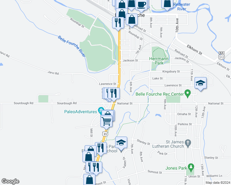 map of restaurants, bars, coffee shops, grocery stores, and more near 1298 CanAm Highway in Belle Fourche
