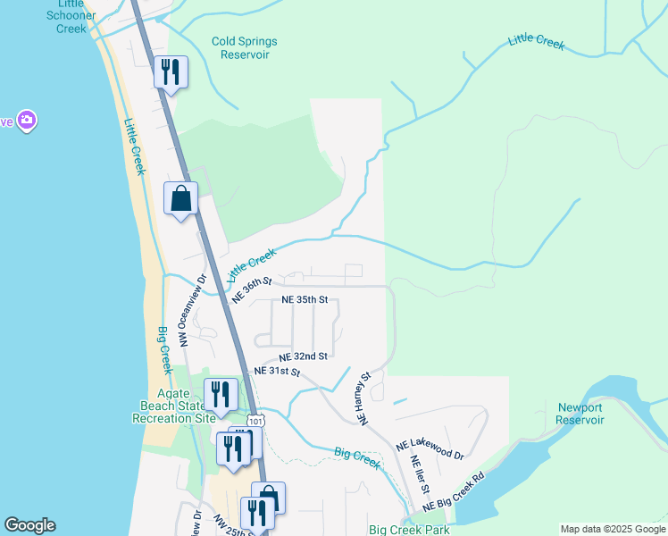 map of restaurants, bars, coffee shops, grocery stores, and more near 365 Northeast 36th Street in Newport