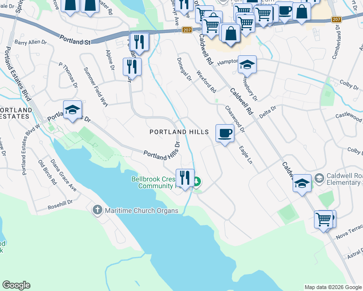 map of restaurants, bars, coffee shops, grocery stores, and more near 361 Portland Hills Drive in Dartmouth