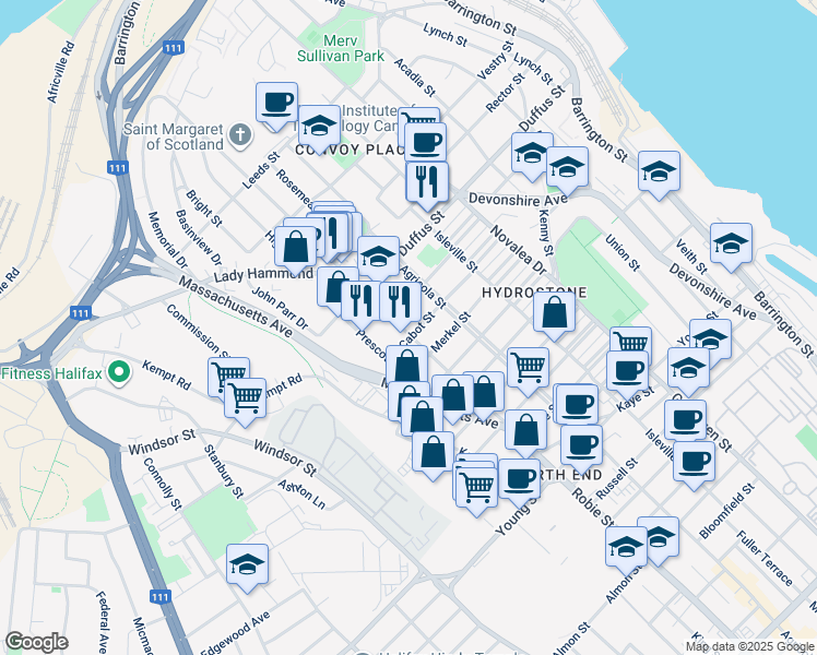 map of restaurants, bars, coffee shops, grocery stores, and more near 5869 Cabot Street in Halifax