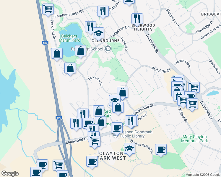 map of restaurants, bars, coffee shops, grocery stores, and more near 1 Lanshaw Close in Halifax