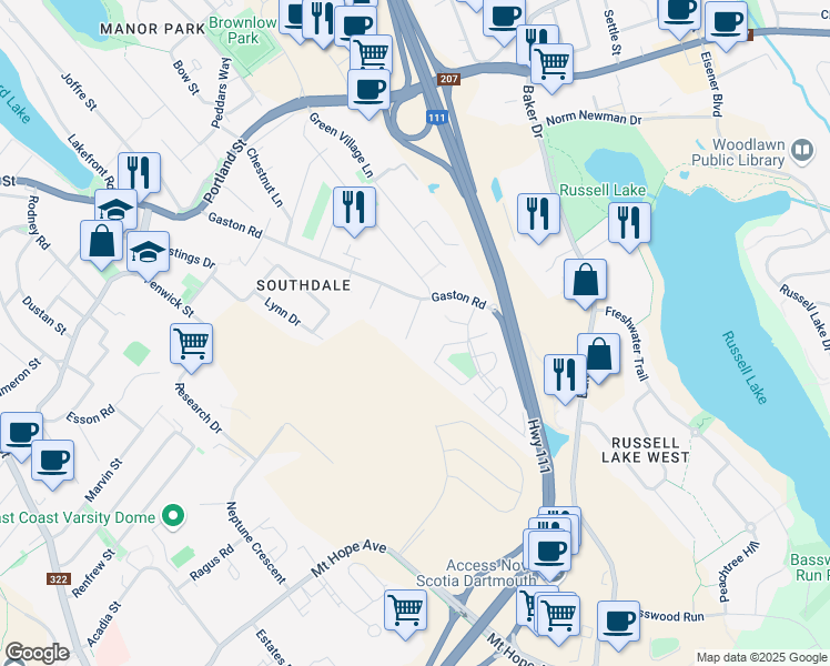 map of restaurants, bars, coffee shops, grocery stores, and more near 92 Gaston Road in Dartmouth