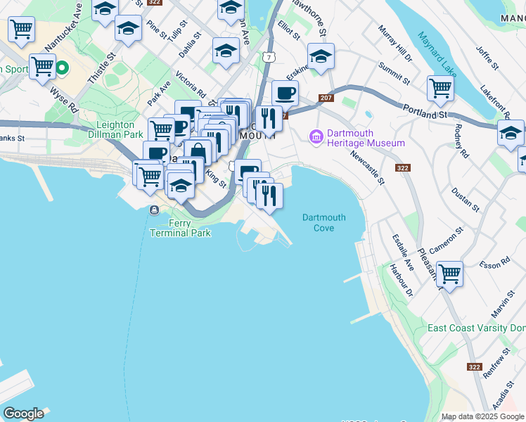 map of restaurants, bars, coffee shops, grocery stores, and more near 49 Kings Wharf Place in Dartmouth