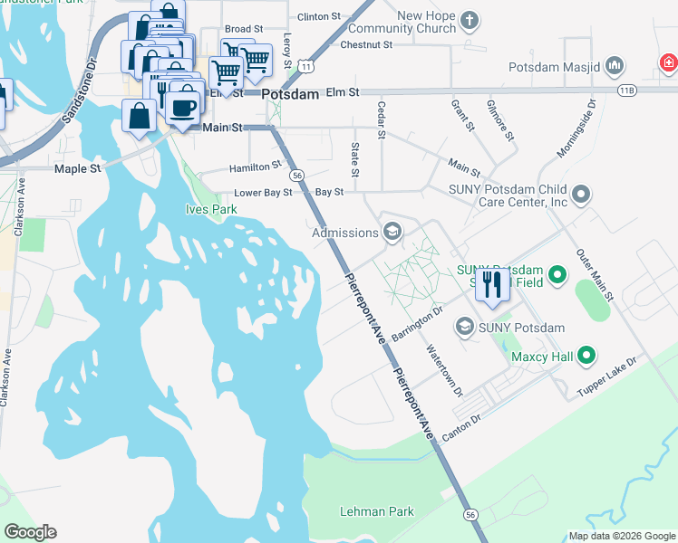 map of restaurants, bars, coffee shops, grocery stores, and more near 45 1/2 Pierrepont Avenue in Potsdam