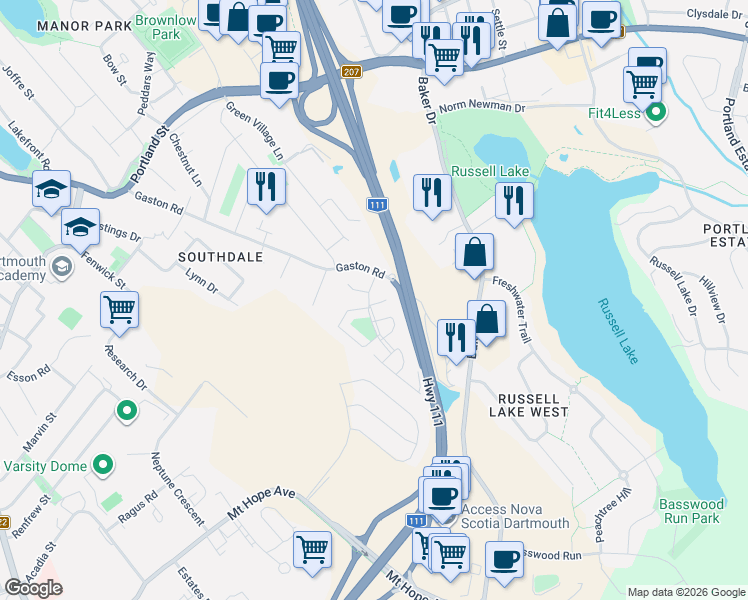 map of restaurants, bars, coffee shops, grocery stores, and more near 1 Bishop Avenue in Dartmouth