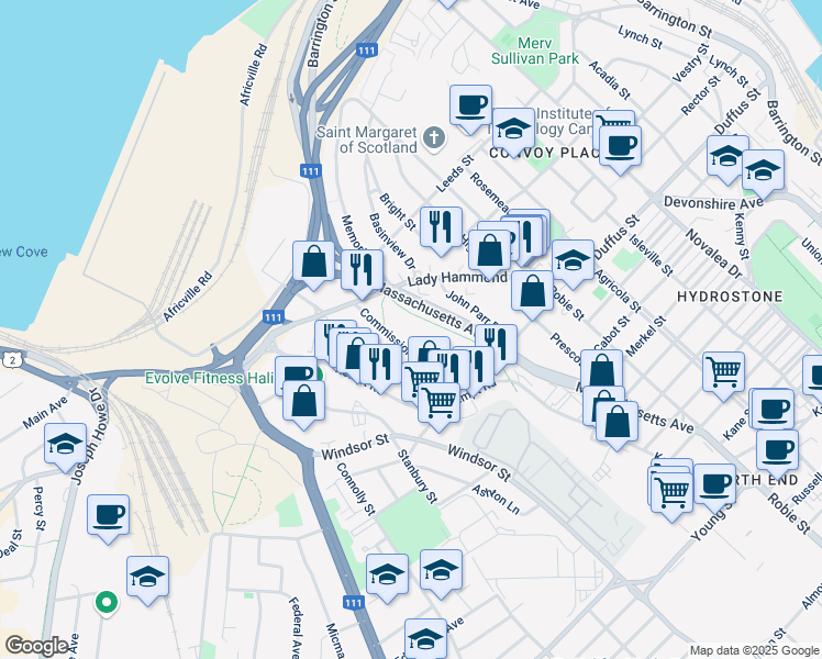 map of restaurants, bars, coffee shops, grocery stores, and more near 3599 Commission Street in Halifax