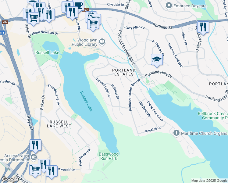 map of restaurants, bars, coffee shops, grocery stores, and more near 15 Hillview Drive in Dartmouth