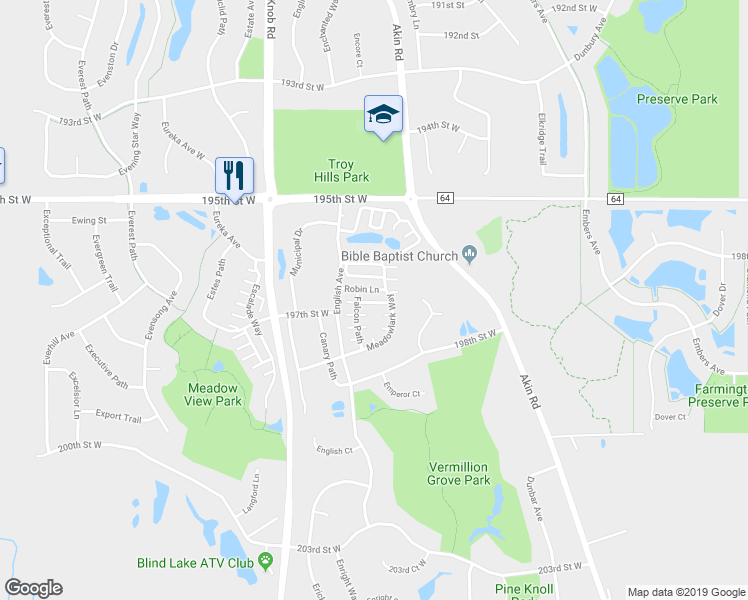 map of restaurants, bars, coffee shops, grocery stores, and more near 19668 Meadowlark Way in Farmington