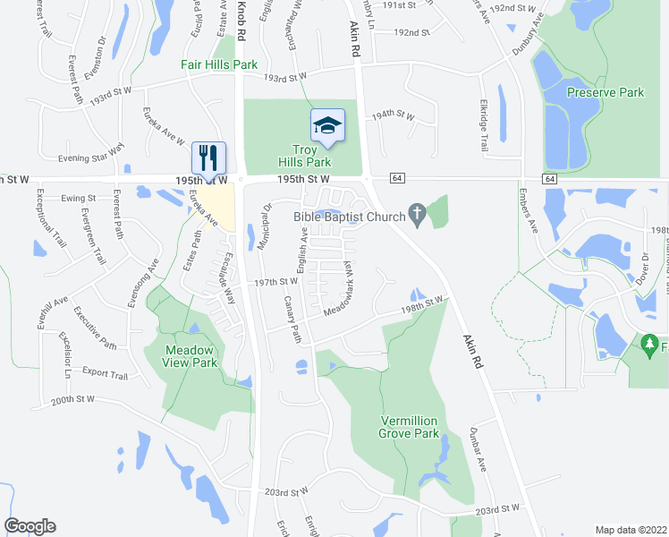 map of restaurants, bars, coffee shops, grocery stores, and more near 19627 Meadowlark Way in Farmington