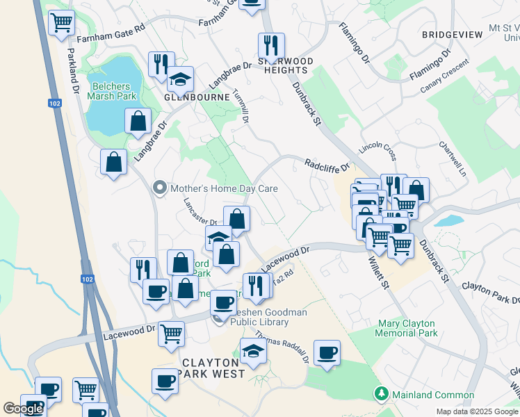 map of restaurants, bars, coffee shops, grocery stores, and more near 15 Essex Lane in Halifax
