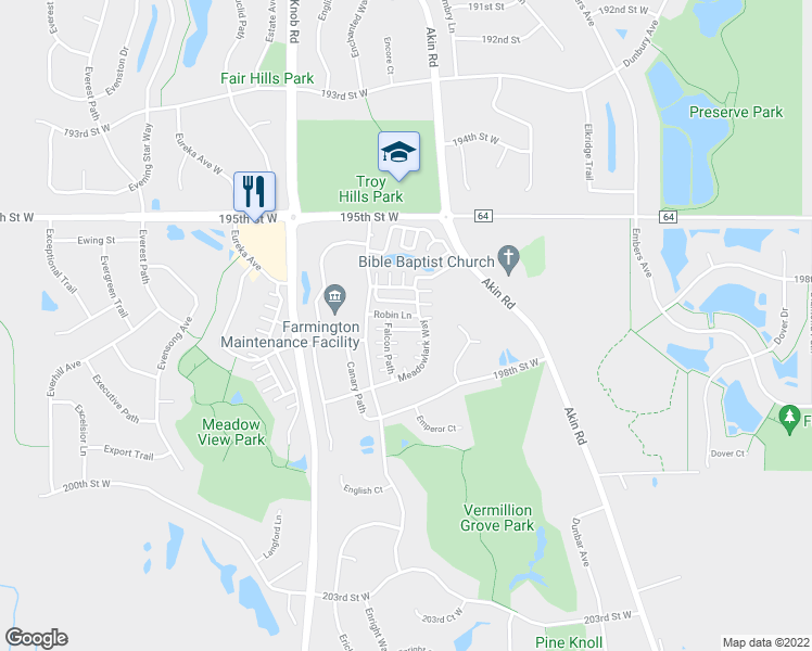 map of restaurants, bars, coffee shops, grocery stores, and more near 5108 Robin Lane in Farmington