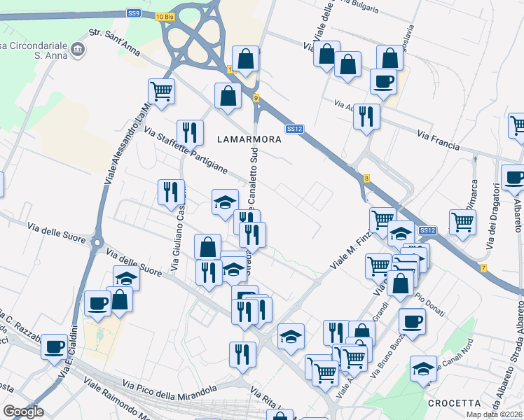 map of restaurants, bars, coffee shops, grocery stores, and more near 266 Via Canaletto Sud in Modena