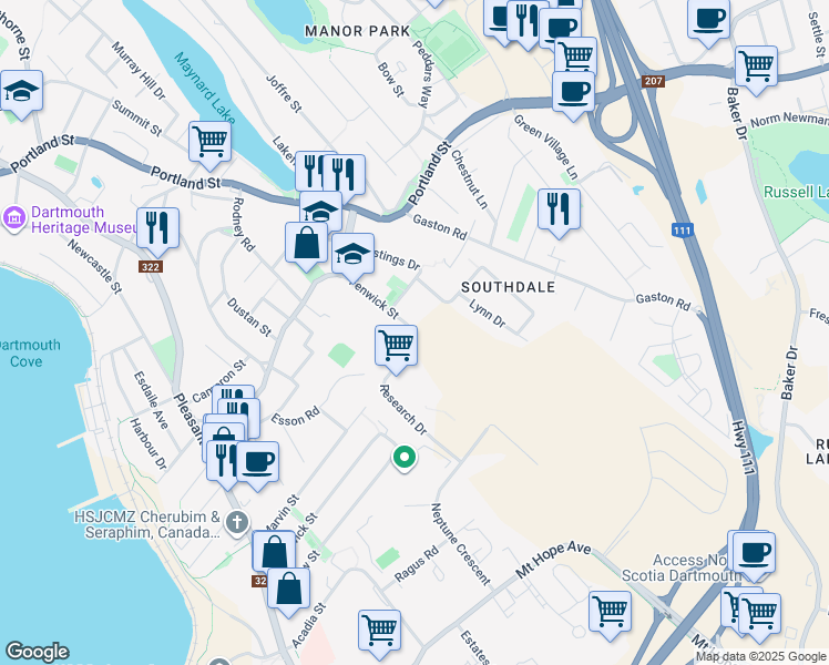 map of restaurants, bars, coffee shops, grocery stores, and more near 109 Research Drive in Dartmouth