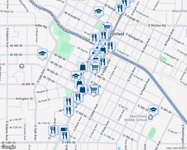 map of restaurants, bars, coffee shops, grocery stores, and more near 401 Wisconsin 13 Business in Marshfield
