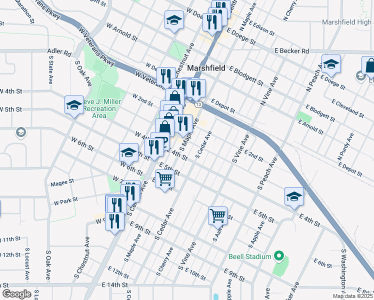 map of restaurants, bars, coffee shops, grocery stores, and more near 307 South Maple Avenue in Marshfield