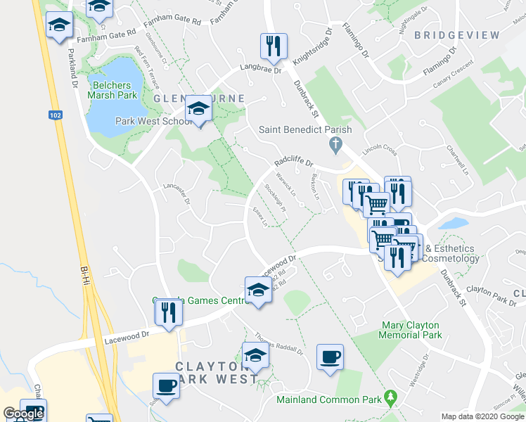 map of restaurants, bars, coffee shops, grocery stores, and more near 15 Essex Lane in Halifax