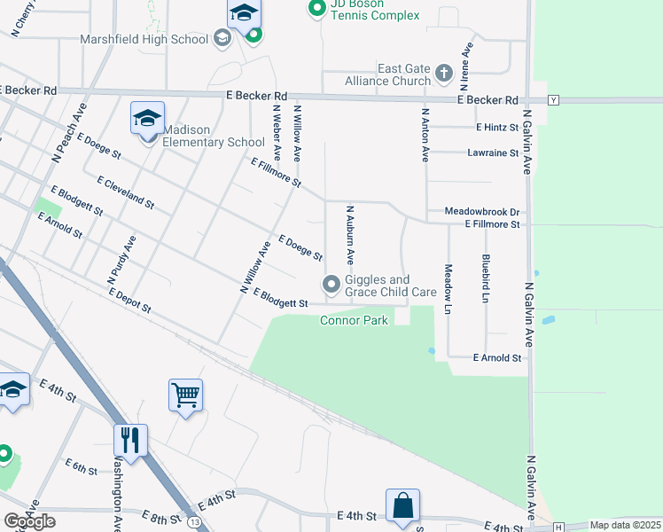 map of restaurants, bars, coffee shops, grocery stores, and more near 421 North Hume Avenue in Marshfield