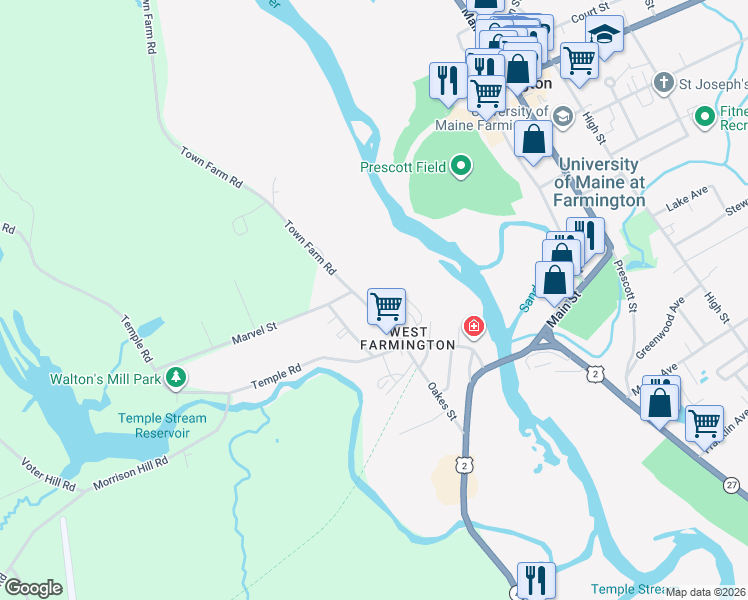 map of restaurants, bars, coffee shops, grocery stores, and more near 123 Town Farm Road in Farmington