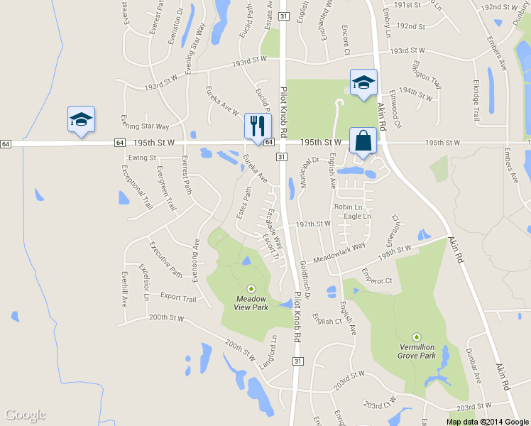 map of restaurants, bars, coffee shops, grocery stores, and more near 19632 Escalade Way in Farmington