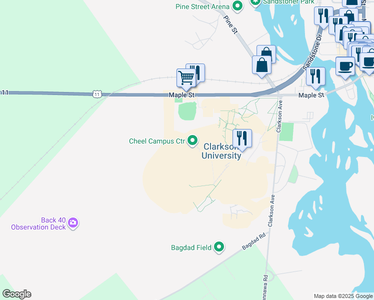 map of restaurants, bars, coffee shops, grocery stores, and more near 8 Clarkson Avenue in Potsdam