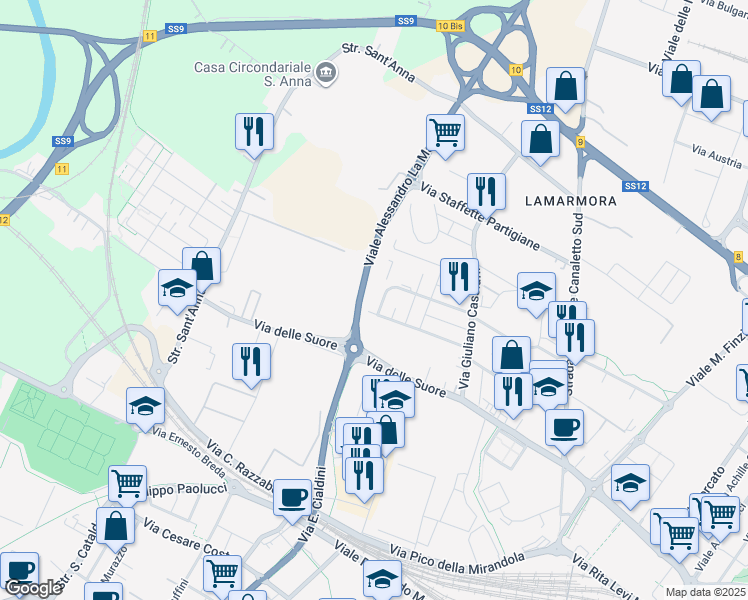 map of restaurants, bars, coffee shops, grocery stores, and more near 88 Via Benedetto Croce in Modena