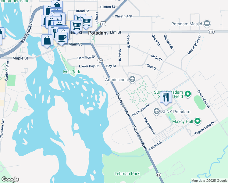 map of restaurants, bars, coffee shops, grocery stores, and more near 45 1/2 Pierrepont Avenue in Potsdam