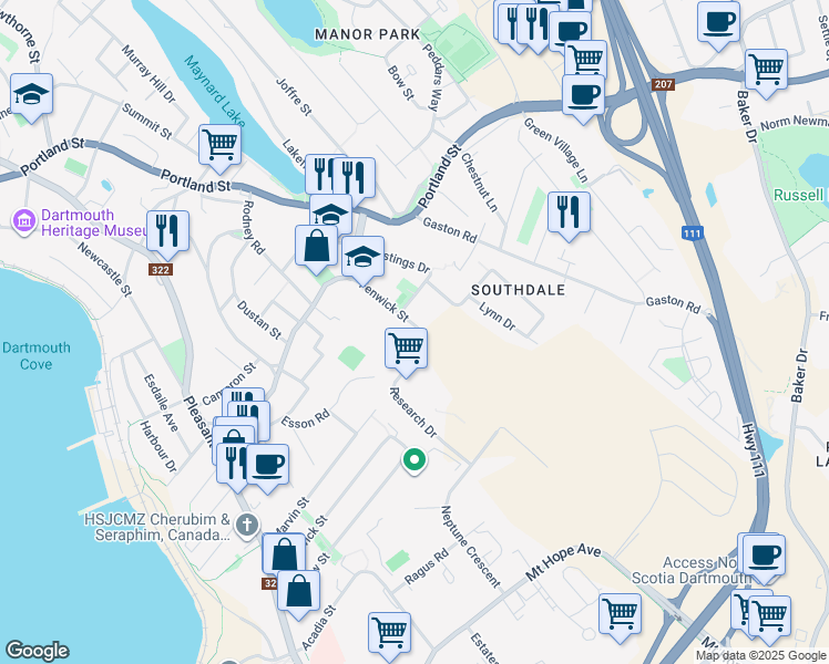 map of restaurants, bars, coffee shops, grocery stores, and more near 109 Research Drive in Dartmouth