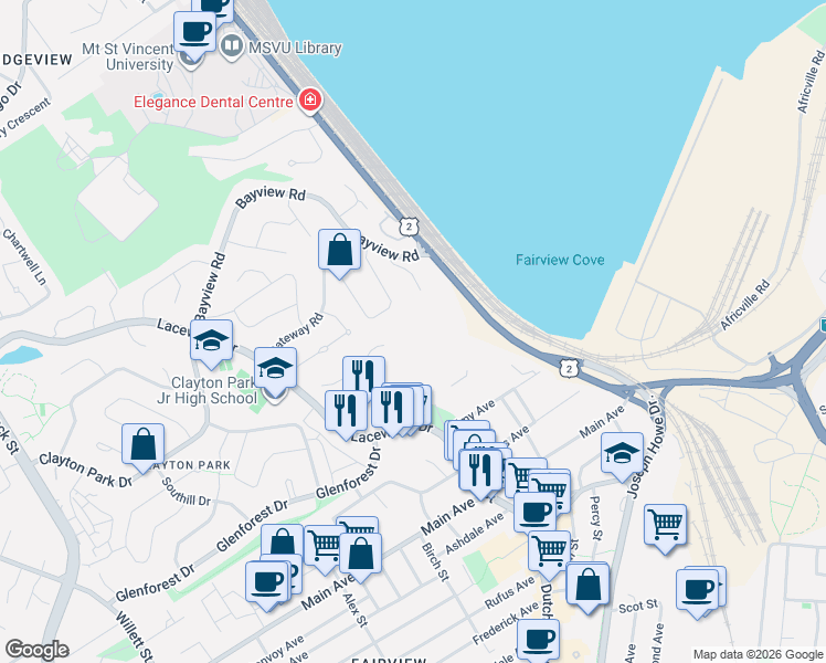 map of restaurants, bars, coffee shops, grocery stores, and more near 155 Stoney Brook Court in Halifax