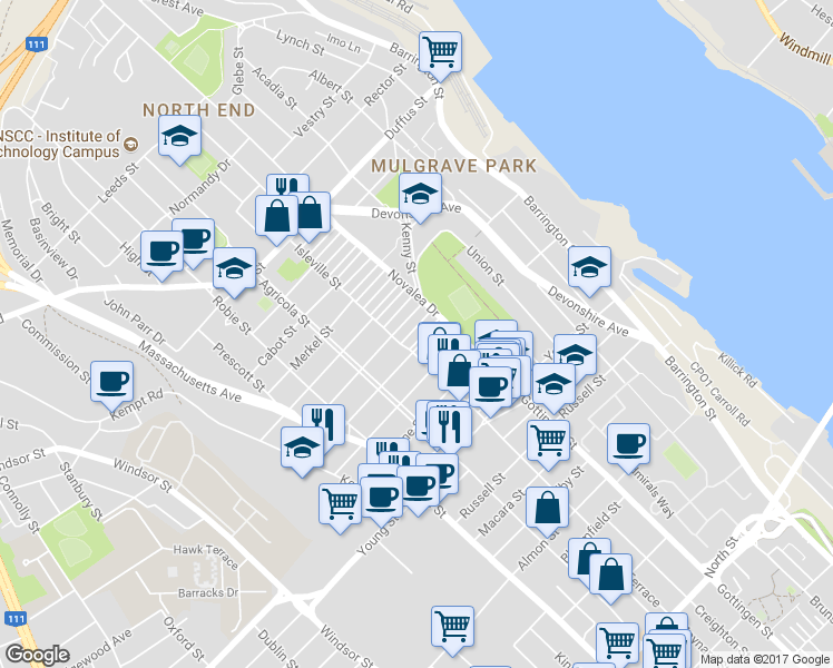 map of restaurants, bars, coffee shops, grocery stores, and more near 5533 Stairs Place in Halifax