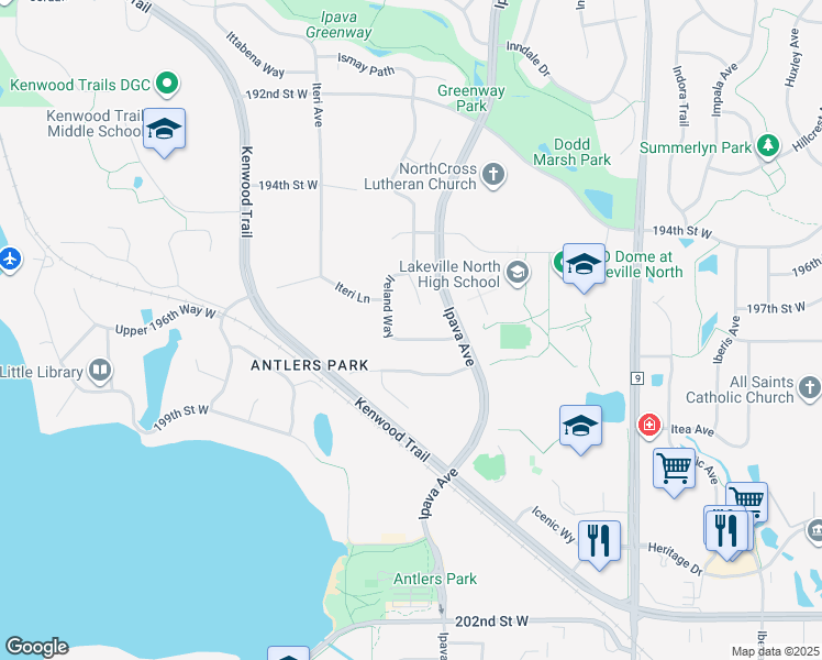 map of restaurants, bars, coffee shops, grocery stores, and more near 19696 Ireland Way in Lakeville