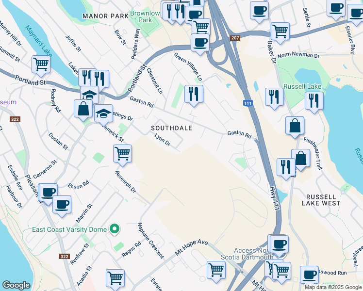 map of restaurants, bars, coffee shops, grocery stores, and more near 51 Lynn Drive in Dartmouth