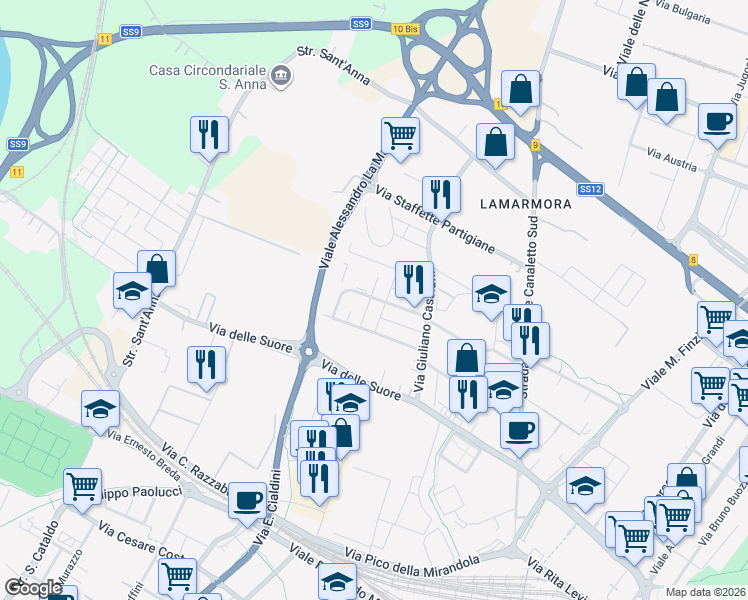 map of restaurants, bars, coffee shops, grocery stores, and more near 55 Via Benedetto Croce in Modena