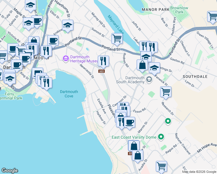 map of restaurants, bars, coffee shops, grocery stores, and more near 153 Nova Scotia 322 in Dartmouth