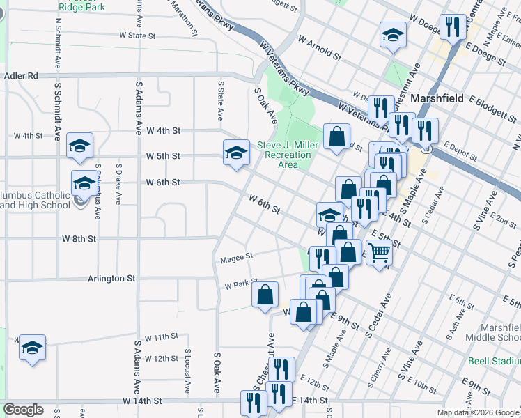 map of restaurants, bars, coffee shops, grocery stores, and more near 502 West 6th Street in Marshfield